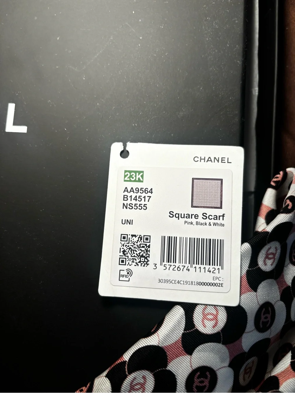 Chanel Pink & Black Logo Silk Scarf
